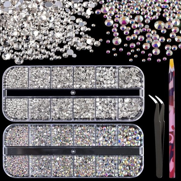 3440pcs 6 Sizes Transparent White and AB Glass Crystal Kit with Pickup Pen + Tweezer Tools for Iridescent Shine Nail Art Manicure Makeup DIY Deco Flatback Round Bead Rhinestone...