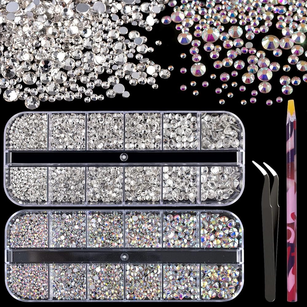 3440pcs 6 Sizes Transparent White and AB Glass Crystal Kit with Pickup Pen + Tweezer Tools for Iridescent Shine Nail Art Manicure Makeup DIY Deco Flatback Round Bead Rhinestone...