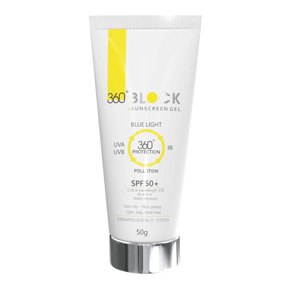 360 Block Sunscreen Gel SPF 50+ - protects from UVA, UVB, INFRA-RED RADIATION (IR), BLUE LIGHT & ATMOSPHERIC POLLUTANTS