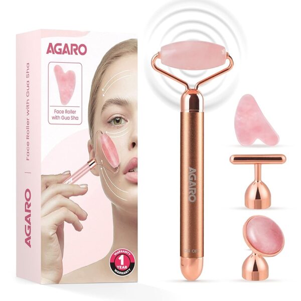 AGARO 4-In-1 Electric Rose Quartz Face Roller With Gua Sha, Jade Roller, Facial Roller Kit for Face, Eye, Neck, Anti-Aging Facial Massager for Anti-Wrinkles, Skin Firming and...