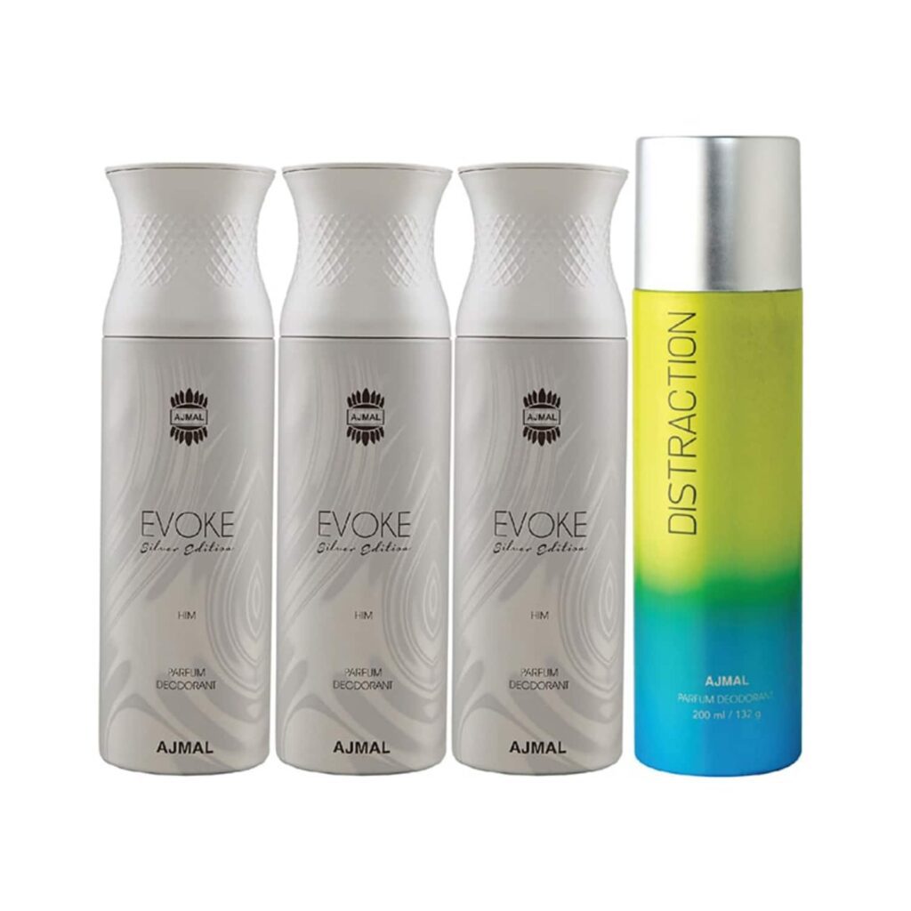 AJMAL 3 Evoke Silver Edition And Distraction Deodorants - (4Pcs) - Ajmal