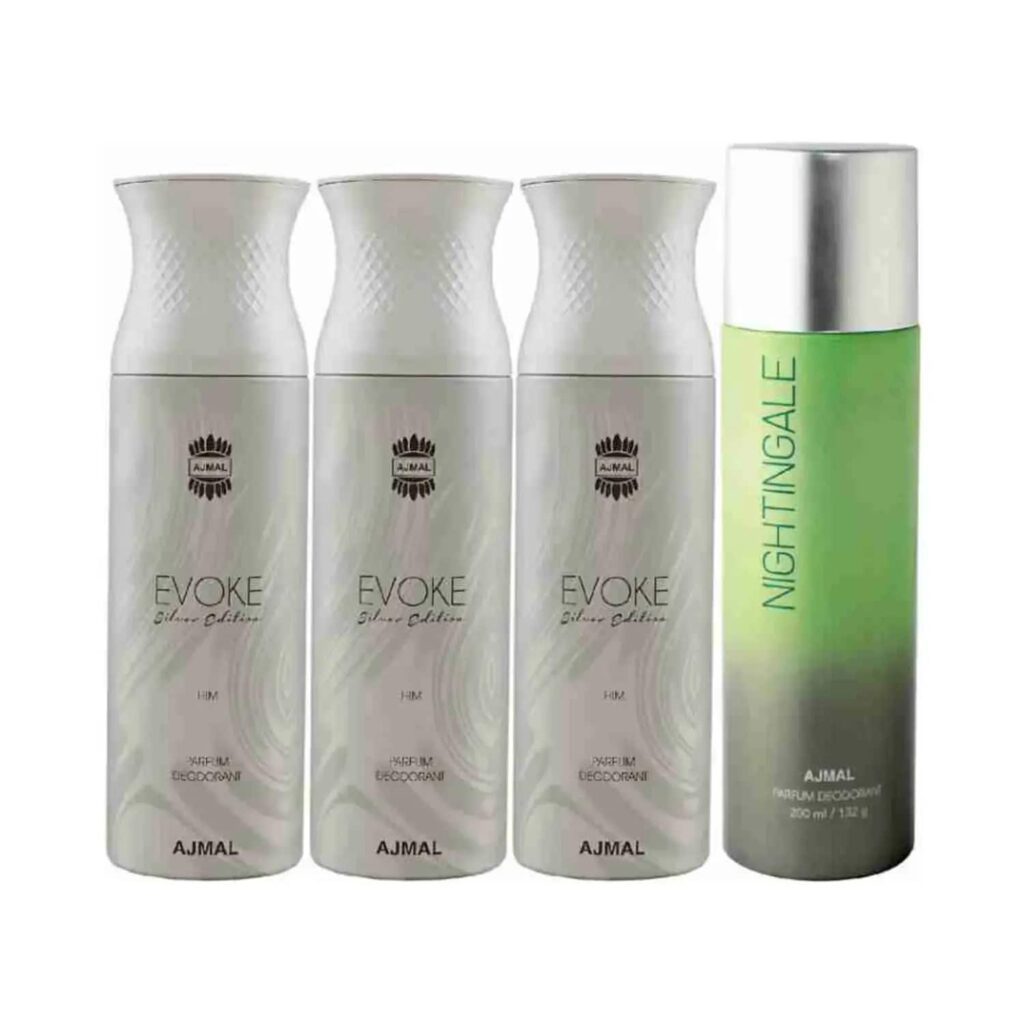 AJMAL 3 Evoke Silver Edition For Him And Nightingale Deodorants (4Pc) - Ajmal