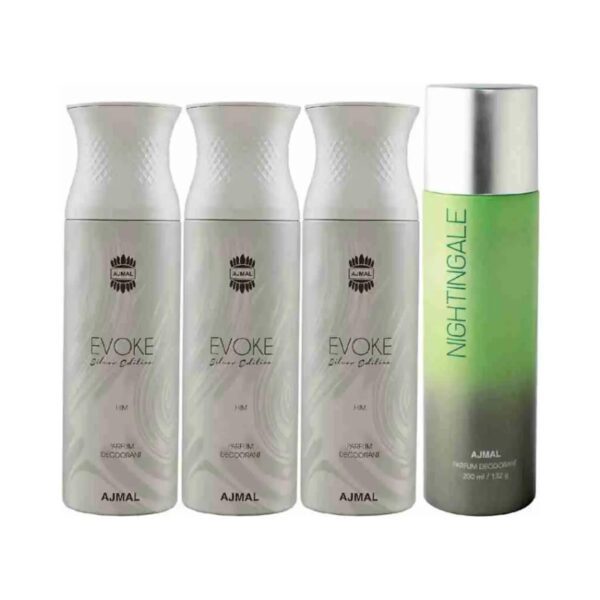AJMAL 3 Evoke Silver Edition For Him And Nightingale Deodorants (4Pc) - Ajmal