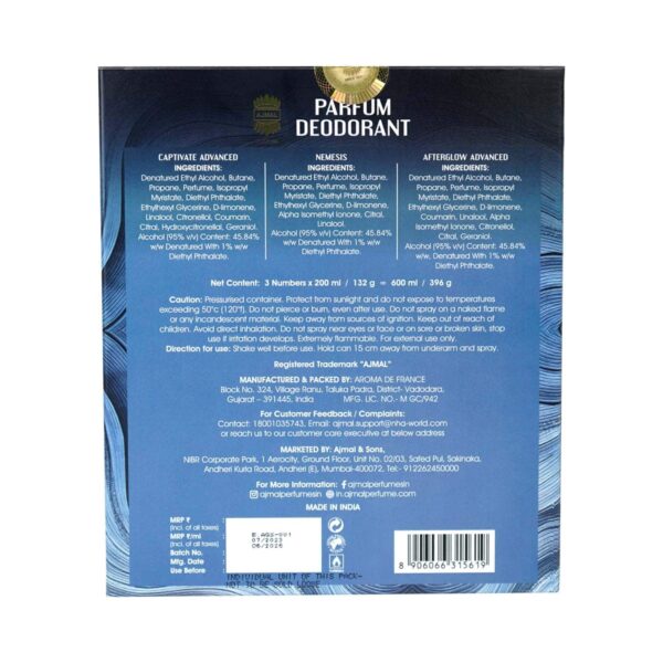 AJMAL Afterglow, Captivate Advanced & Nemesis Deodorant Spray For Unisex Set - (3 Pcs) - Ajmal