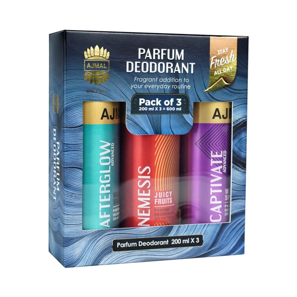 AJMAL Afterglow, Captivate Advanced & Nemesis Deodorant Spray For Unisex Set - (3 Pcs) - Ajmal