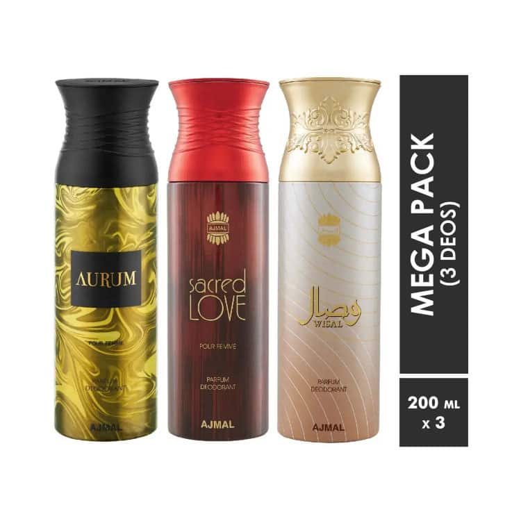 AJMAL Aurum and Sacred Love with Wisal Deodorant Spray - Pack of 3 (200ml Each) - Ajmal