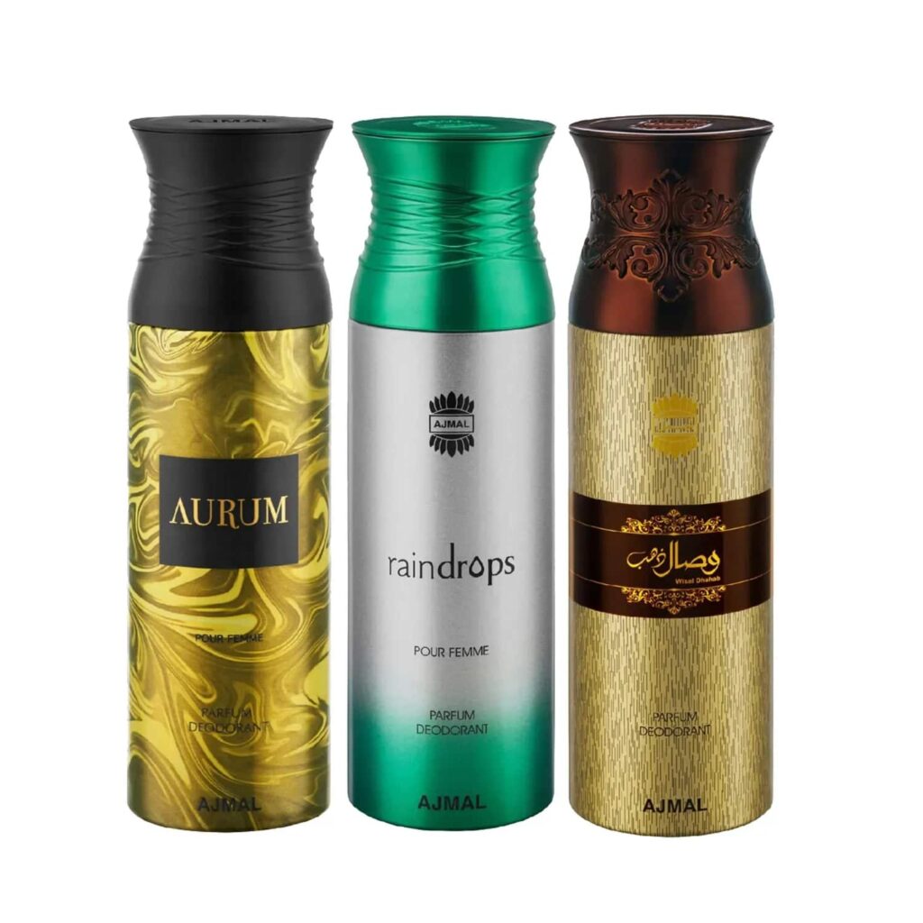AJMAL Aurum & Raindrops & Wisal Dhahab Deodorant Spray for Men & Women - Pack of 3 (200ml Each) - Ajmal
