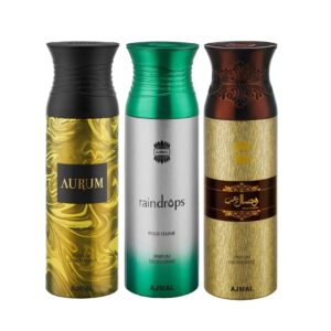 AJMAL Aurum & Raindrops & Wisal Dhahab Deodorant Spray for Men & Women - Pack of 3 (200ml Each) - Ajmal