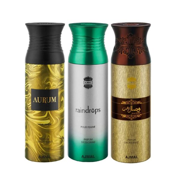 AJMAL Aurum & Raindrops & Wisal Dhahab Deodorant Spray for Men & Women - Pack of 3 (200ml Each) - Ajmal