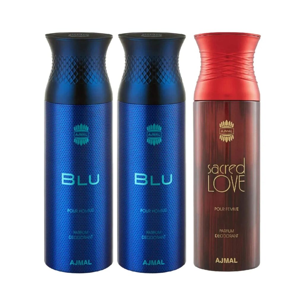 AJMAL Blu & Blu & Sacred Love Deodorant Spray for Men & Women - Pack of 3 (200ml Each) - Ajmal