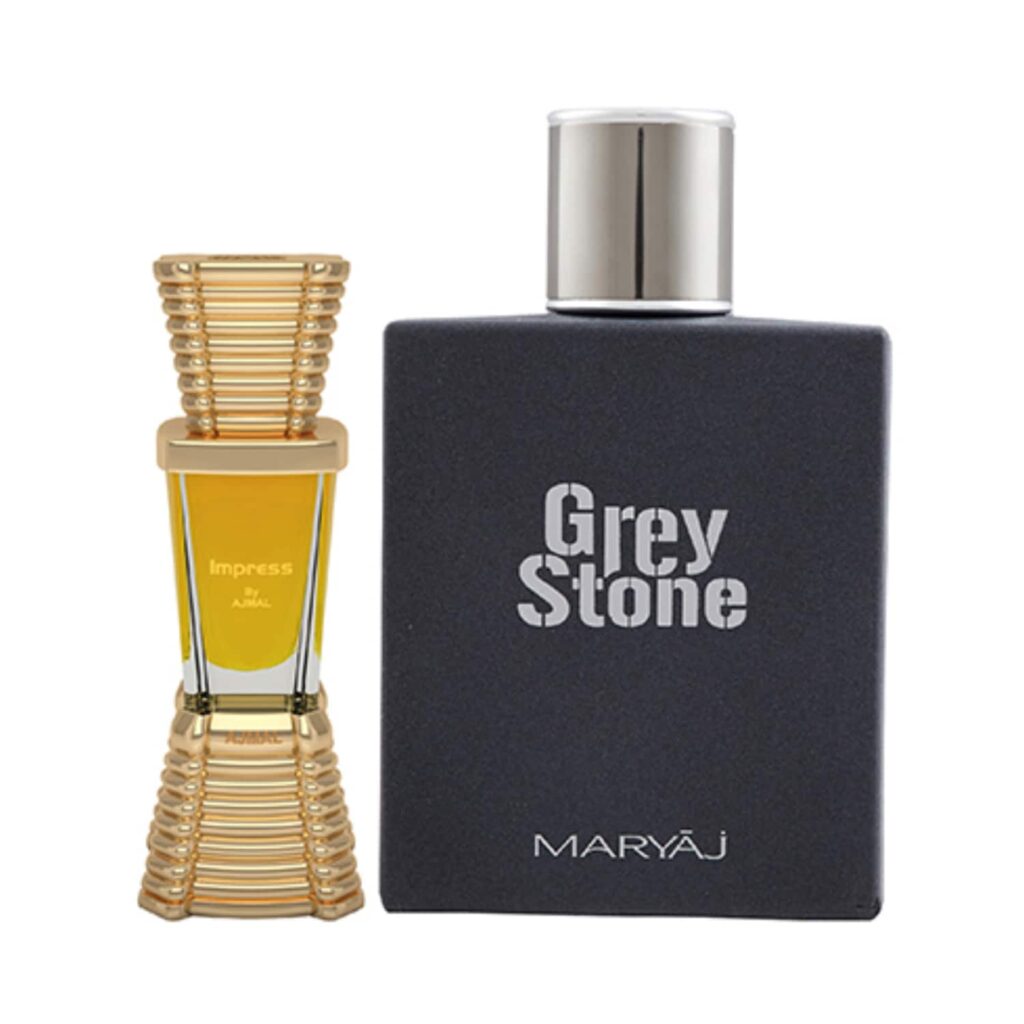 AJMAL Impress Concentrated Perfume Oil Citrus Attar And Maryaj Grey Stone Eau De Parfum Aromatic Woody Perfume - (2Pcs) - Ajmal
