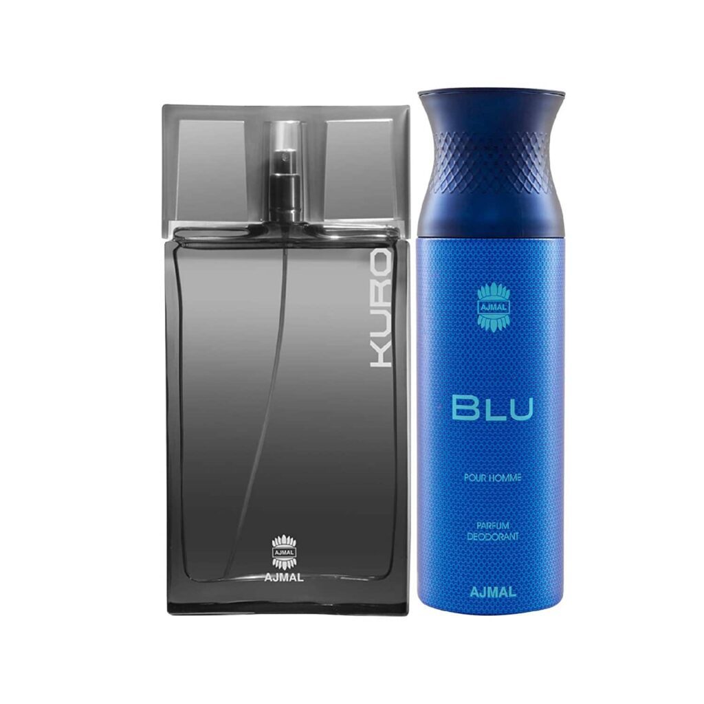AJMAL Kuro Eau De Parfum Aromatic Spicy Perfume And Blu Homme Deodorant Aquatic Woody Fragrance - (2Pcs) - Ajmal
