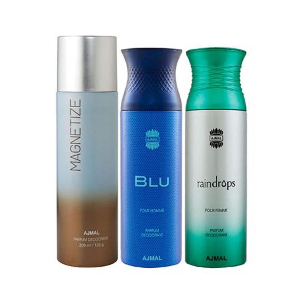 AJMAL Magnetize, Blu Homme And Raindrops Femme Deodorants - (3Pcs) - Ajmal