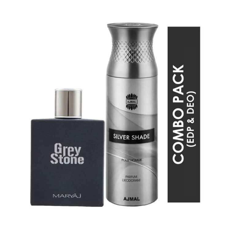 AJMAL Maryaj Grey Stone Eau De Parfum Aromatic Woody Perfume And AJMAL Silver Shade Homme Deodorant Citrus Woody Fragrance - (2Pcs) - Ajmal