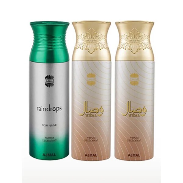 AJMAL Raindrops & Wisal Deo & Wisal Deodorant Spray for Women - Pack of 3 (200ml Each) - Ajmal