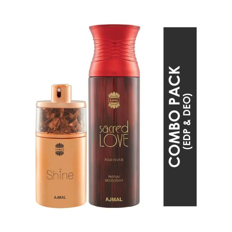 AJMAL Shine Eau De Parfum Floral Powdery Perfume And Sacred Love Deodorant Floral Musky Fragrance - (2Pcs) - Ajmal