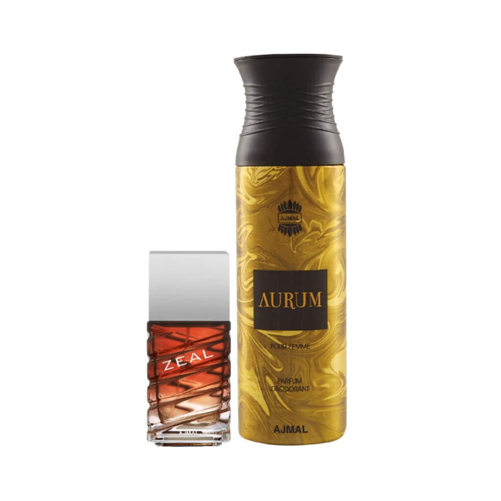 AJMAL Zeal Eau De Parfum Aquatic Woody Perfume And Aurum Femme Deodorant Fruity Floral Fragrance - (2Pcs) - Ajmal