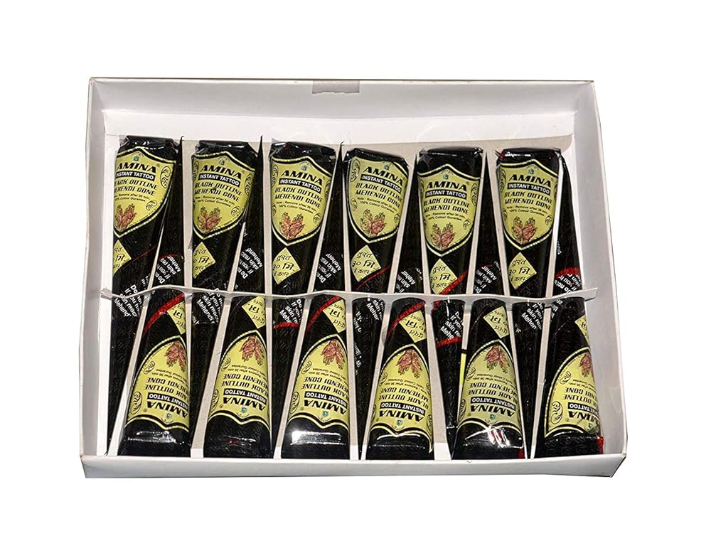 Amina Henna Instant Tatto Mehendi Cone (Black, Pack of 12 Cone)