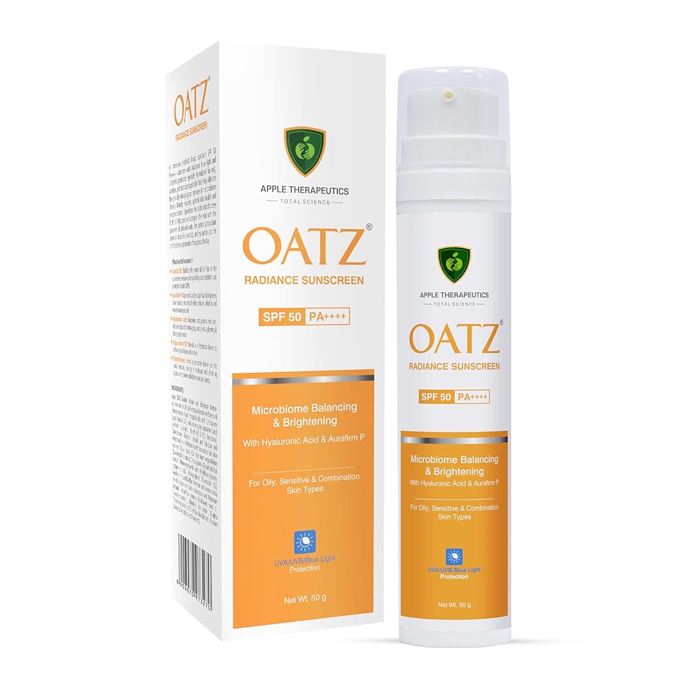 APPLE THERAPEUTICS Oatz Radiance Face Sunscreen SPF 50 PA++++ 50g|Gel Based for Acne Oily&Sensitive Skin|Hyaluronic Acid for Face Radiance|UVA/UVB Blue Light Protection...