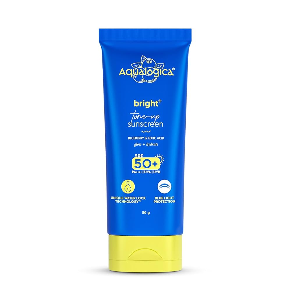 Aqualogica Bright+ Tone Up Sunscreen | Broad Spectrum SPF 50+ PA++++ with Kojic Acid & Blueberry | UVA/B & Blue Light Protection | Instantly Brightens | Lightweight, Non-Greasy,...