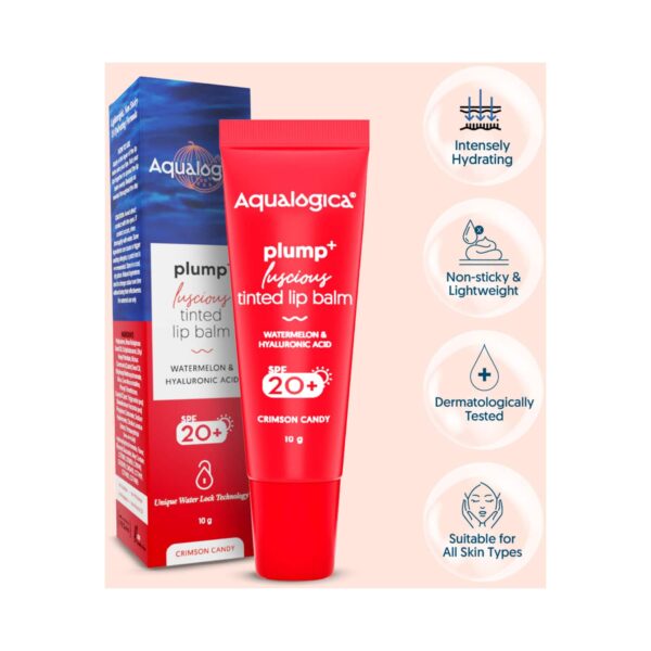 Aqualogica Crimson Candy Plump+ Luscious Tinted Lip Balm SPF 20+ With Watermelon And Hyaluronic Acid (10g) - Aqualogica