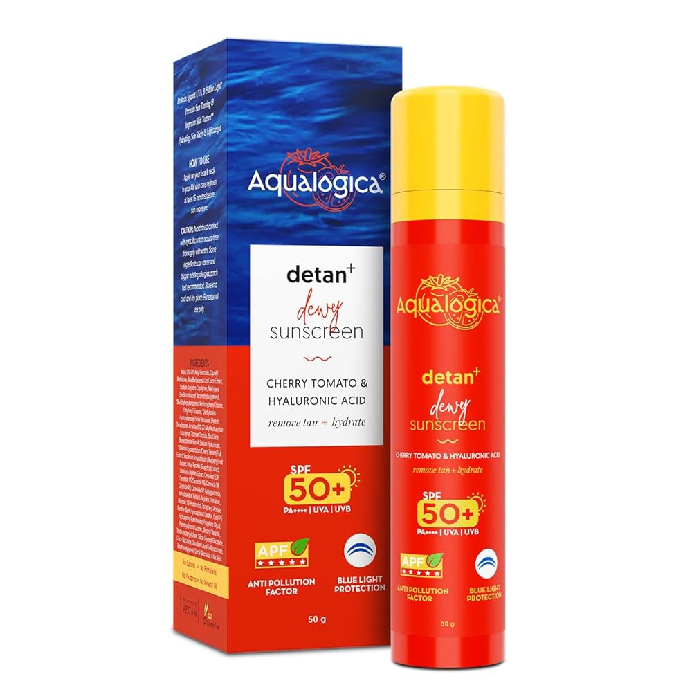 Aqualogica Detan+ Dewy Sunscreen SPF 50+ PA++++ with Cherry Tomato & Hyaluronic Acid - 50 g | Broad Spectrum SPF 50+ PA++++ | UVA/B & Blue Light Protection | Anti-Pollution...