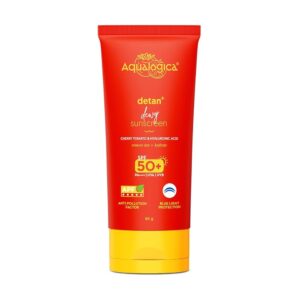 Aqualogica Detan+ Dewy Sunscreen SPF 50+ PA++++with Cherry Tomato & Hyaluronic Acid-80 g|Broad Spectrum|UVA/B & Blue Light Protection|Anti-Pollution Factor Technology|Removes...