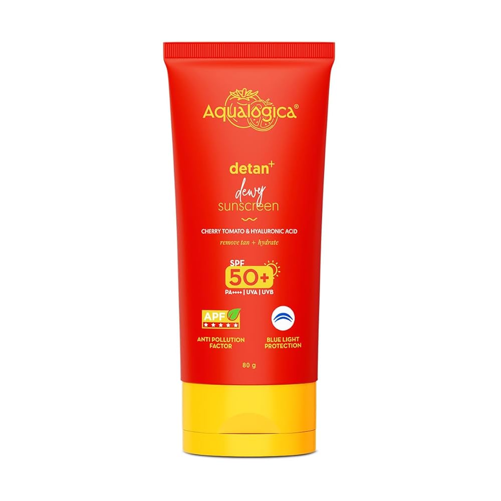 Aqualogica Detan+ Dewy Sunscreen SPF 50+ PA++++with Cherry Tomato & Hyaluronic Acid-80 g|Broad Spectrum|UVA/B & Blue Light Protection|Anti-Pollution Factor Technology|Removes...
