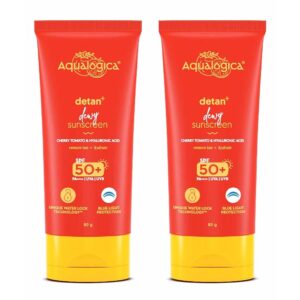 Aqualogica Detan+ Dewy Sunscreen with Cherry Tomato & Hyaluronic Acid with SPF 50 & PA++++ for Men & Women - For Normal, Dry & Combination Skin - 80g | Pack of 2