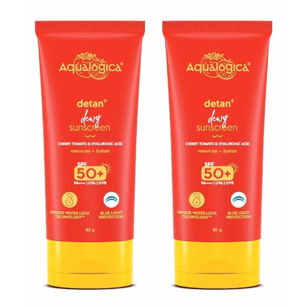 Aqualogica Detan+ Dewy Sunscreen with Cherry Tomato & Hyaluronic Acid with SPF 50 & PA++++ for Men & Women - For Normal, Dry & Combination Skin - 80g | Pack of 2