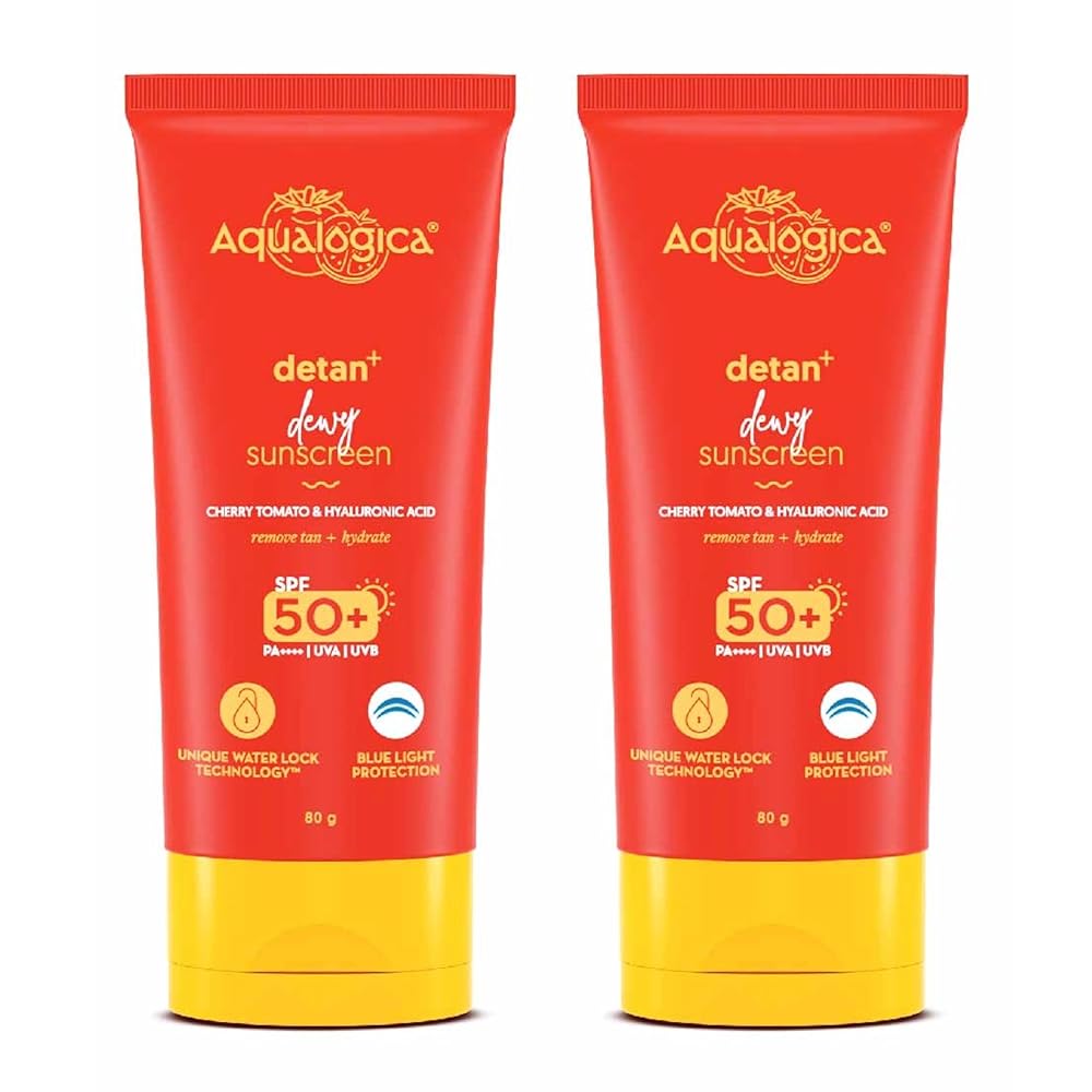 Aqualogica Detan+ Dewy Sunscreen with Cherry Tomato & Hyaluronic Acid with SPF 50 & PA++++ for Men & Women - For Normal, Dry & Combination Skin - 80g | Pack of 2