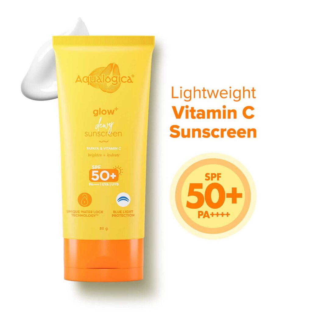Aqualogica Glow+ Dewy Lightweight Sunscreen Gel SPF 50+ PA++++ with Papaya & Vitamin C (80 g) - Aqualogica