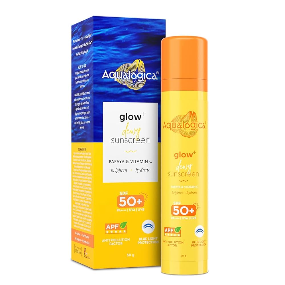 Aqualogica Glow+ Dewy Sunscreen Gel SPF 50+ PA++++ with Papaya & Vitamin C | Broad Spectrum SPF 50+ PA++++ | UVA/B & Blue Light Protection | Anti-Pollution Factor (APF)...
