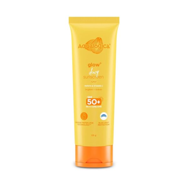 Aqualogica Glow+ Dewy Sunscreen Gel SPF 50 PA++++ with Papaya & Vitamin C | For Dry, Sensitive, Oily & Combination Skin | UVA/B & Blue Light Protection | Fragrance-Free | For...