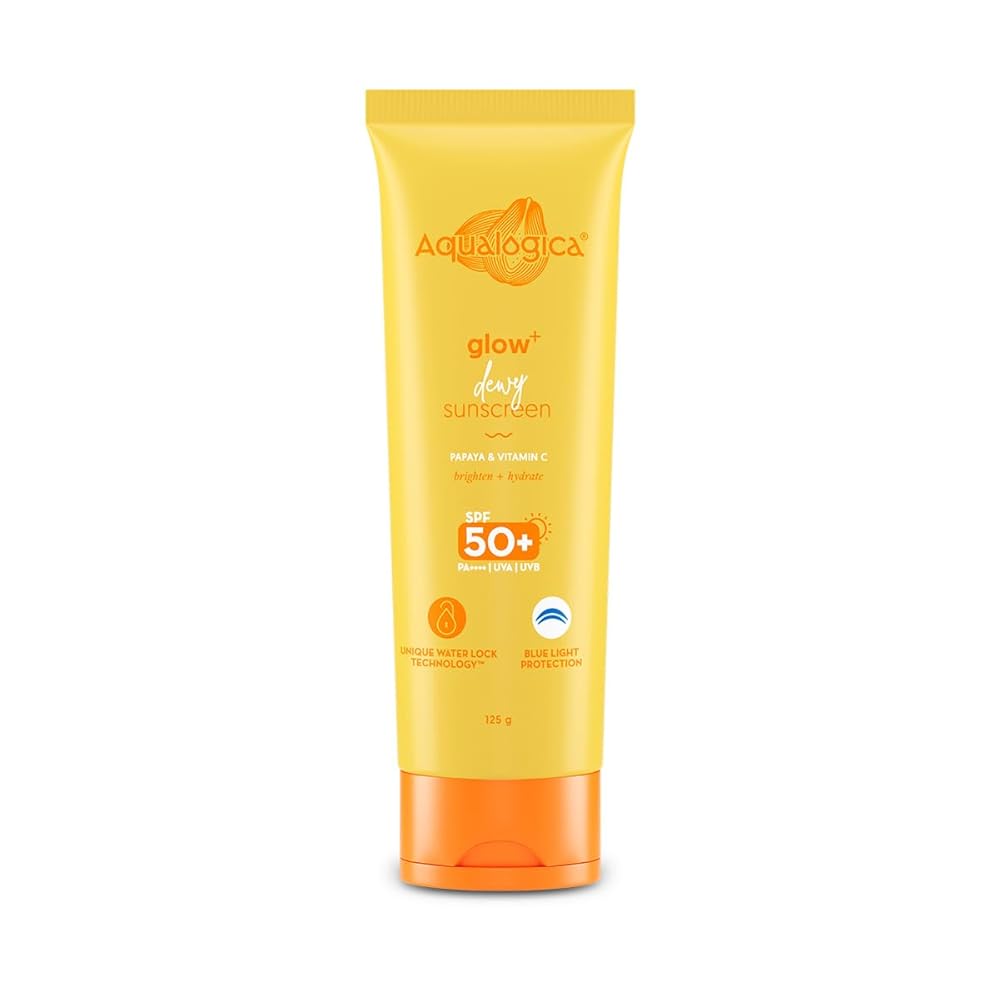 Aqualogica Glow+ Dewy Sunscreen Gel SPF 50 PA++++ with Papaya & Vitamin C | For Dry, Sensitive, Oily & Combination Skin | UVA/B & Blue Light Protection | Fragrance-Free | For...