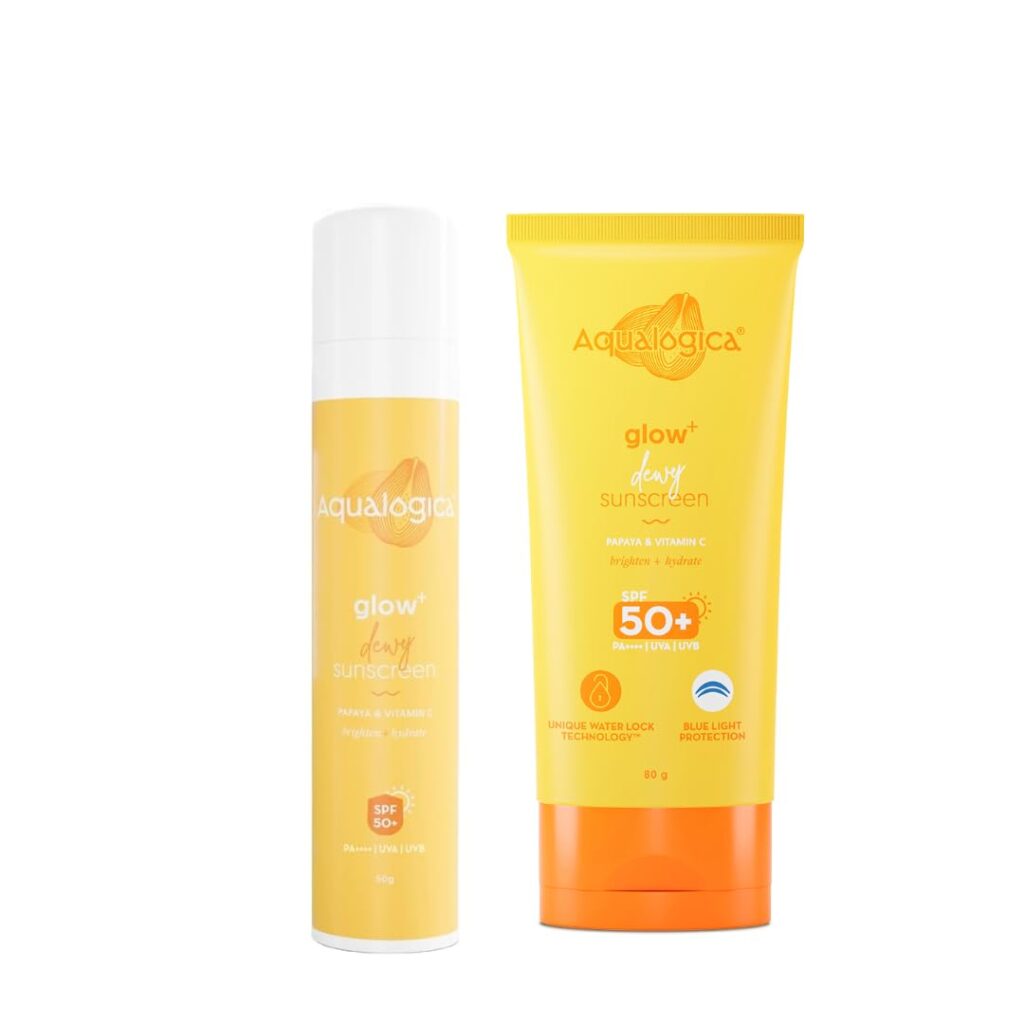 Aqualogica Glow+ Dewy Sunscreen SPF 50 PA++++ with Papaya & Vitamin C | For Oily, Combination & Dry Skin Type | UVA/B & Blue Light Protection | Fragrance-Free | For Men & Women...