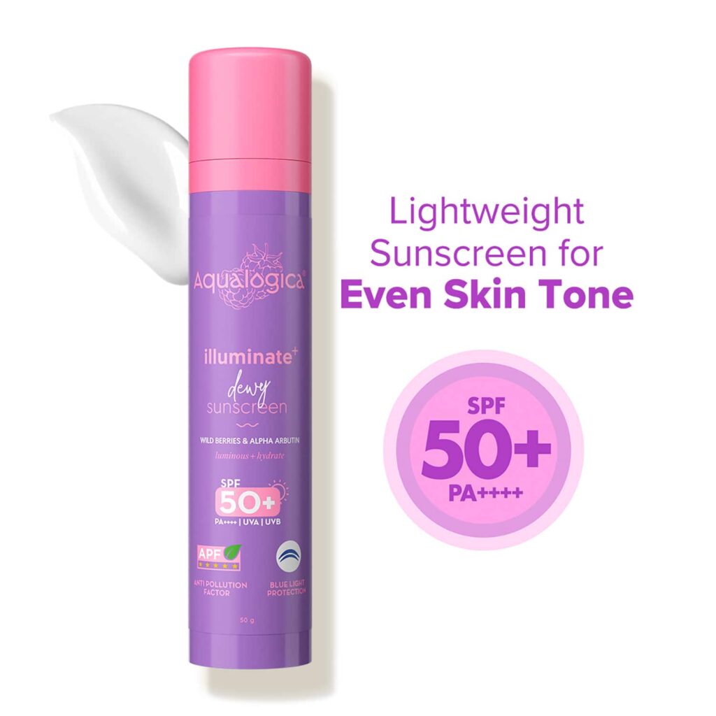 Aqualogica Illuminate+ Dewy Lightweight Sunscreen Gel SPF 50+ PA++++ for All Skin Types (50 g) - Aqualogica
