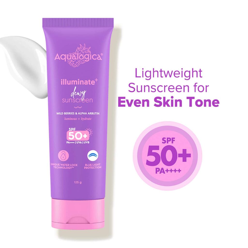 Aqualogica Illuminate + Dewy Sunscreen SPF 50+ PA++++ with Wild Berries and Alpha Arbutin (125 g) - Aqualogica