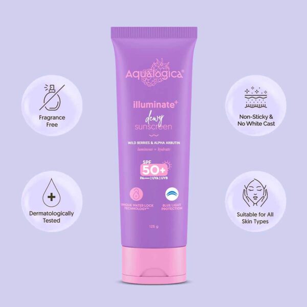 Aqualogica Illuminate + Dewy Sunscreen SPF 50+ PA++++ with Wild Berries and Alpha Arbutin (125 g) - Aqualogica
