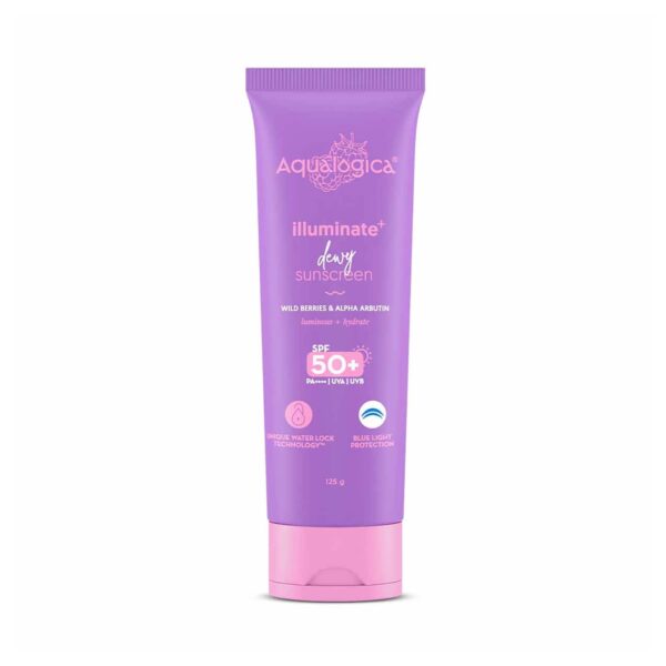 Aqualogica Illuminate + Dewy Sunscreen SPF 50+ PA++++ with Wild Berries and Alpha Arbutin (125 g) - Aqualogica