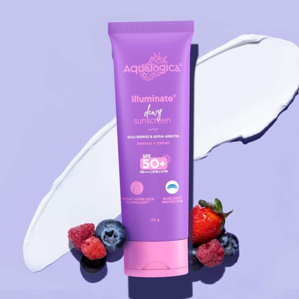 Aqualogica Illuminate + Dewy Sunscreen SPF 50+ PA++++ with Wild Berries and Alpha Arbutin (125 g) - Aqualogica