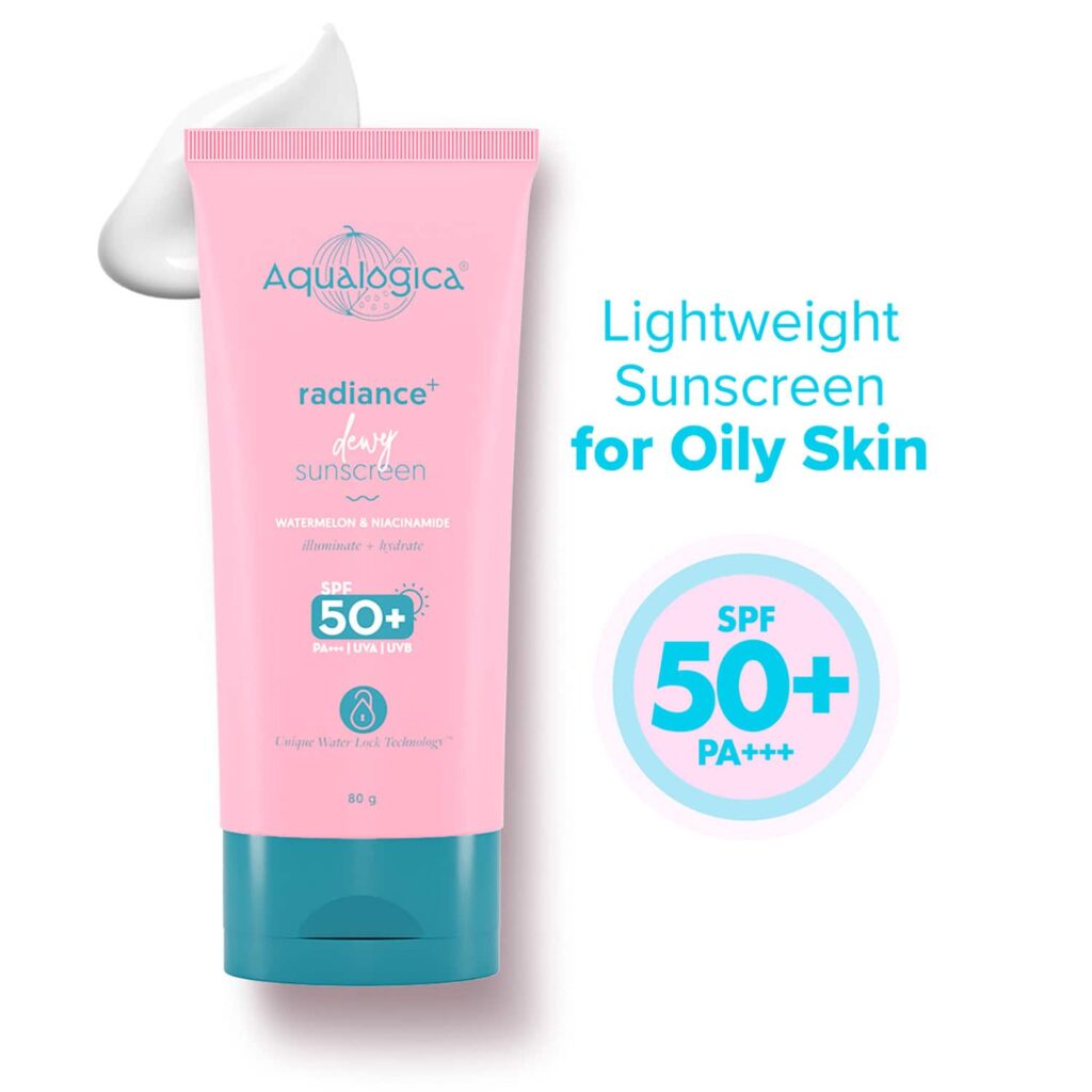 Aqualogica Radiance+ Dewy Lightweight Sunscreen Gel SPF 50+ PA+++ for Oily & Acne-Prone Skin (80 g) - Aqualogica