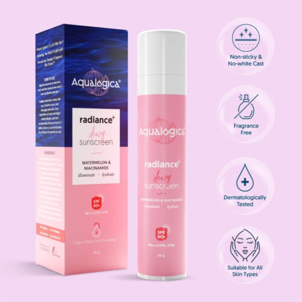 Aqualogica Radiance+ Dewy Lightweight Sunscreen Gel SPF 50+ PA+++ for Oily & Acne-Prone Skin (50 g) - Aqualogica