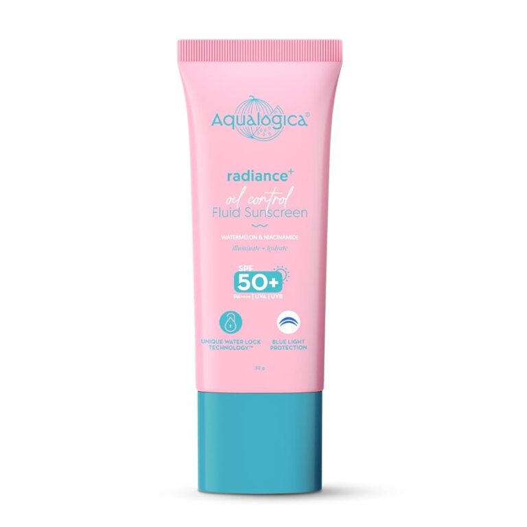 Aqualogica Radiance+ Oil Control Fluid Sunscreen for Oily Skin - 50 g | Ultra-Light Fluid Texture | SPF 50+ PA++++ UVA & UVB Protection | Oil Free | Controls Excess Oil | Non...