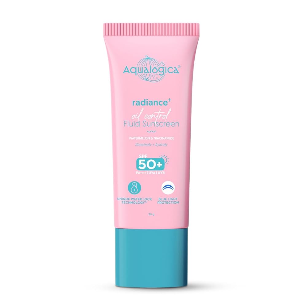 Aqualogica Radiance+ Oil Control Fluid Sunscreen for Oily Skin - 50 g | Ultra-Light Fluid Texture | SPF 50+ PA++++ UVA & UVB Protection | Oil Free | Controls Excess Oil | Non...
