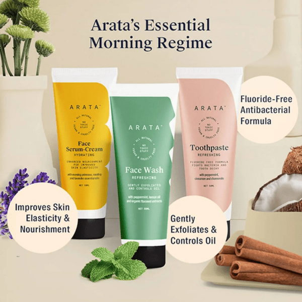 Arata Essential Morning Regime With Facewash Face Serum-Cream & Toothpaste (3Pcs) - Arata