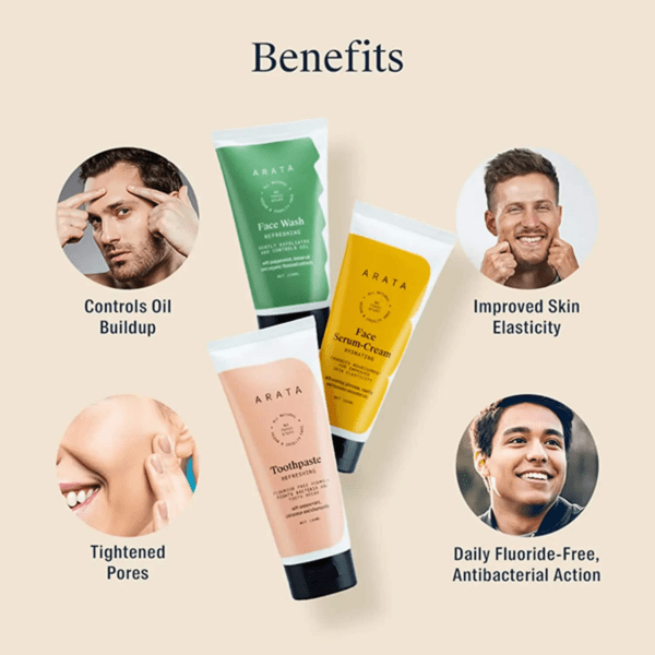 Arata Essential Morning Regime With Facewash, Face Serum-Cream & Toothpaste (3Pcs) - Arata