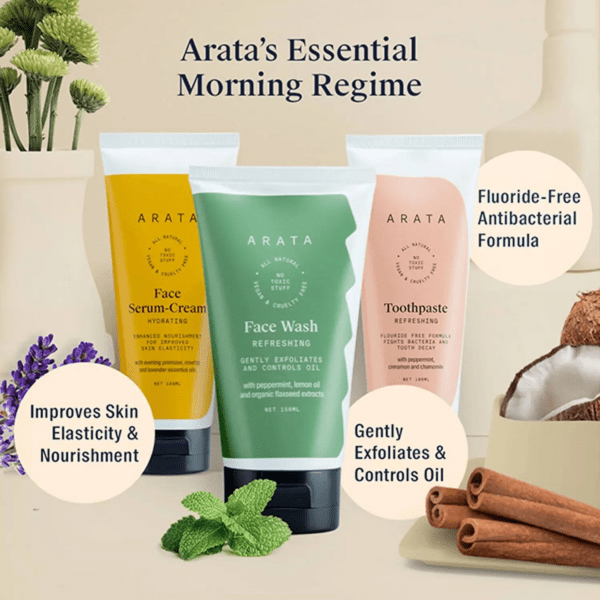 Arata Essential Morning Regime With Facewash, Face Serum-Cream & Toothpaste (3Pcs) - Arata