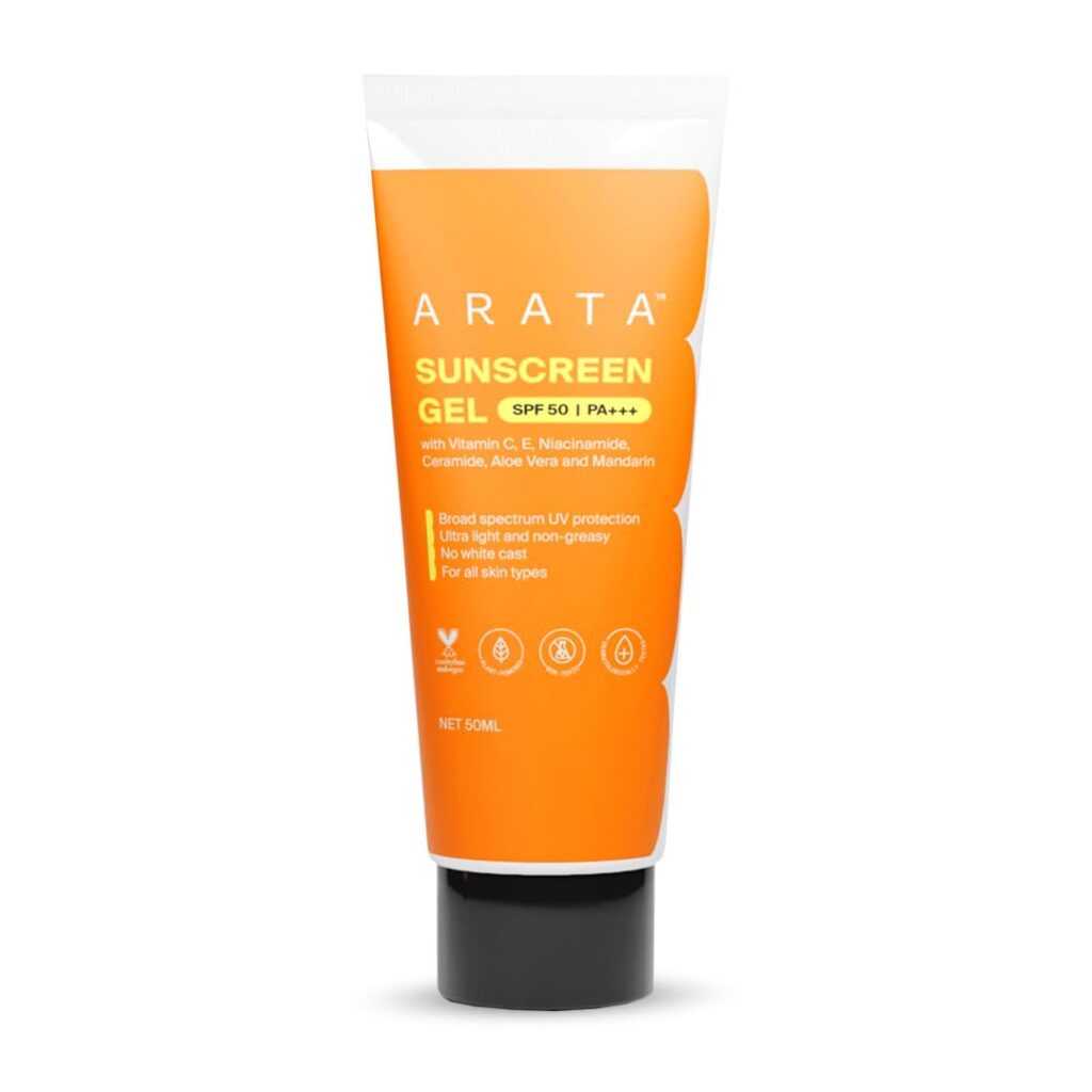 Arata Sunscreen Gel | SPF 50, PA+++ | Broad Spectrum UV Protection | Ultra-Light & Dewy Finish | No White Cast | Even & Glowing Skin | Niacinamide & Ceramide | Derma-Tested |...