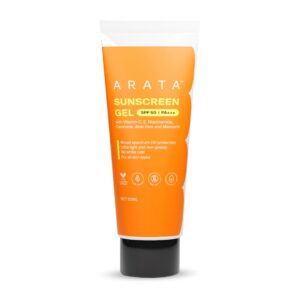 Arata Sunscreen Gel | SPF 50, PA+++ | Broad Spectrum UV Protection | Ultra-Light & Dewy Finish | No White Cast | Even & Glowing Skin | Niacinamide & Ceramide | Derma-Tested |...